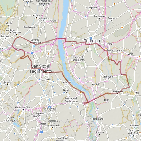 Miniatua del mapa de inspiración ciclista "Ruta de Grava Zoppola - San Vito al Tagliamento" en Friuli-Venezia Giulia, Italy. Generado por Tarmacs.app planificador de rutas ciclistas