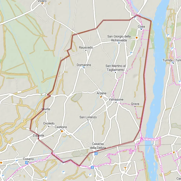 Miniatua del mapa de inspiración ciclista "Ruta de Grava alrededor de Zoppola" en Friuli-Venezia Giulia, Italy. Generado por Tarmacs.app planificador de rutas ciclistas