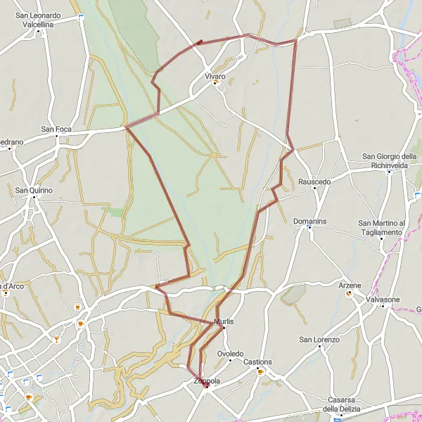 Mapa miniatúra "Gravelová trasa okolo Castello di Zoppola" cyklistická inšpirácia v Friuli-Venezia Giulia, Italy. Vygenerované cyklistickým plánovačom trás Tarmacs.app