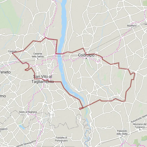 Mapa miniatúra "Gravel Trasa Valvasone - San Vito al Tagliamento" cyklistická inšpirácia v Friuli-Venezia Giulia, Italy. Vygenerované cyklistickým plánovačom trás Tarmacs.app