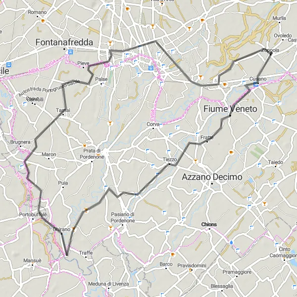 Miniaturní mapa "Road Zoppola Loop" inspirace pro cyklisty v oblasti Friuli-Venezia Giulia, Italy. Vytvořeno pomocí plánovače tras Tarmacs.app