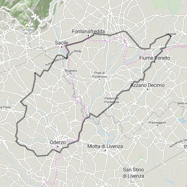 Miniaturní mapa "Cyklotrasa kolem Zoppoly a Fiume Veneto" inspirace pro cyklisty v oblasti Friuli-Venezia Giulia, Italy. Vytvořeno pomocí plánovače tras Tarmacs.app