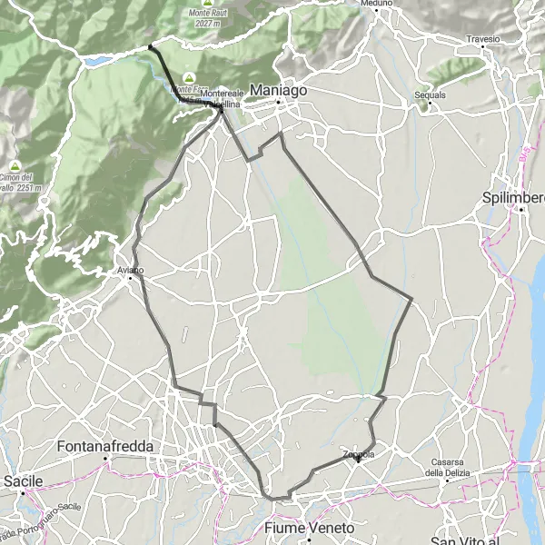 Mapa miniatúra "Trasa cez Monte Spia a Montereale Valcellina" cyklistická inšpirácia v Friuli-Venezia Giulia, Italy. Vygenerované cyklistickým plánovačom trás Tarmacs.app