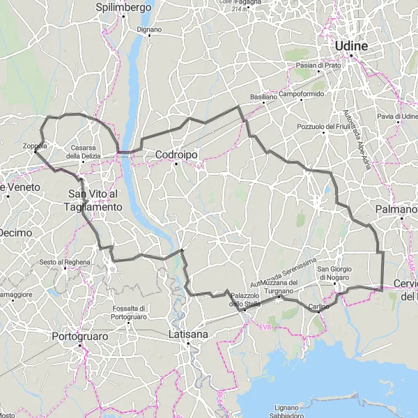 Miniatua del mapa de inspiración ciclista "Ruta de ciclismo de carretera Zoppola - San Vito al Tagliamento" en Friuli-Venezia Giulia, Italy. Generado por Tarmacs.app planificador de rutas ciclistas