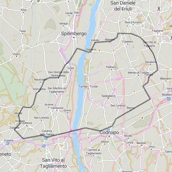 Miniatua del mapa de inspiración ciclista "Ruta de Carretera Zoppola - Casarsa della Delizia" en Friuli-Venezia Giulia, Italy. Generado por Tarmacs.app planificador de rutas ciclistas
