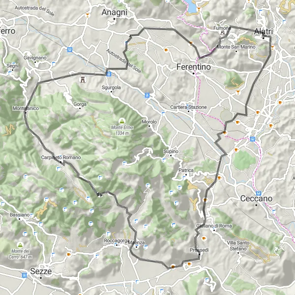 Map miniature of "Alatri to Fumone Loop" cycling inspiration in Lazio, Italy. Generated by Tarmacs.app cycling route planner