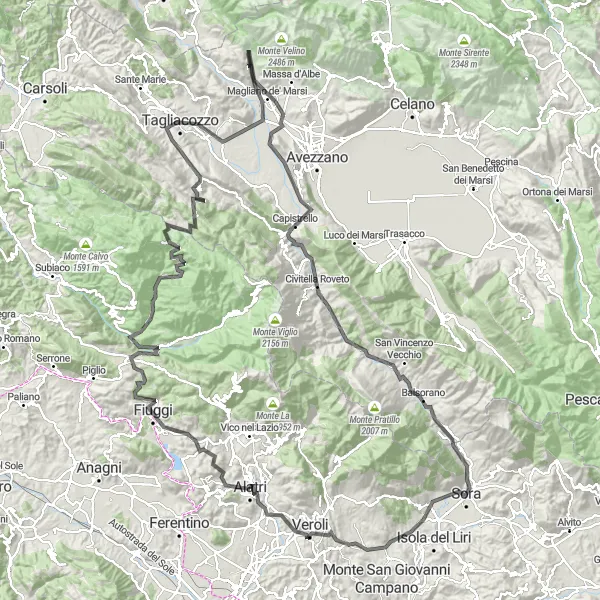 Map miniature of "The Challenge of the Apennines" cycling inspiration in Lazio, Italy. Generated by Tarmacs.app cycling route planner