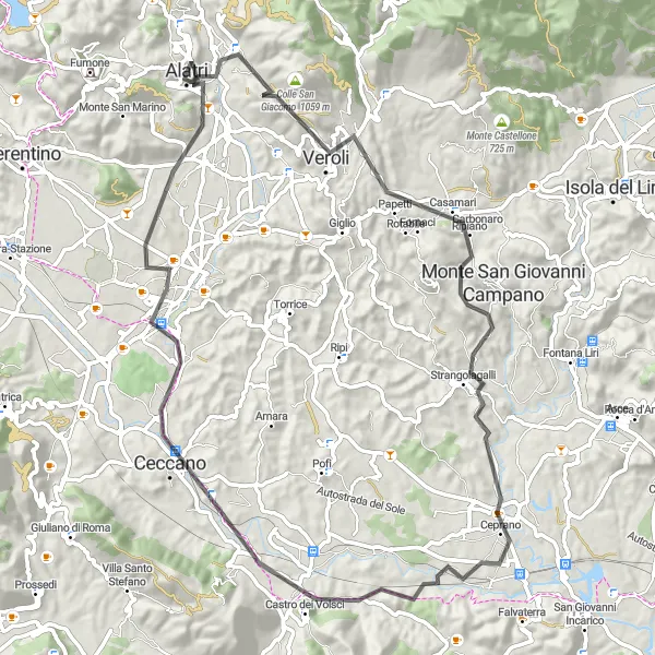 Map miniature of "Alatri Velodyssey" cycling inspiration in Lazio, Italy. Generated by Tarmacs.app cycling route planner