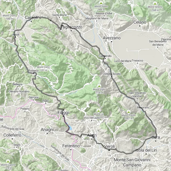 Map miniature of "The Hilltop Towns of Lazio" cycling inspiration in Lazio, Italy. Generated by Tarmacs.app cycling route planner