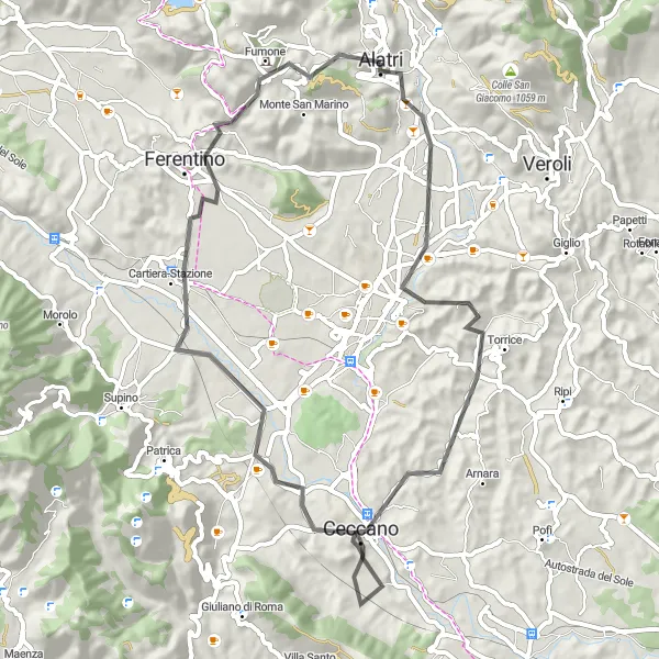 Miniatura della mappa di ispirazione al ciclismo "Alatri - Ceccano Road Ride" nella regione di Lazio, Italy. Generata da Tarmacs.app, pianificatore di rotte ciclistiche