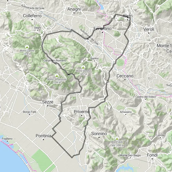 Miniatura della mappa di ispirazione al ciclismo "Giro da Alatri attraverso Carpineto Romano e Ferentino" nella regione di Lazio, Italy. Generata da Tarmacs.app, pianificatore di rotte ciclistiche