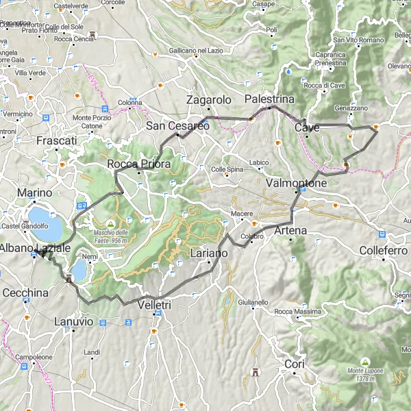 Miniatura della mappa di ispirazione al ciclismo "Giro in bicicletta da Albano Laziale a Velletri" nella regione di Lazio, Italy. Generata da Tarmacs.app, pianificatore di rotte ciclistiche