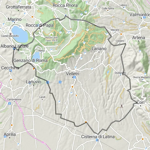 Miniatura della mappa di ispirazione al ciclismo "Tour in bici tra Albano Laziale e Cisterna di Latina" nella regione di Lazio, Italy. Generata da Tarmacs.app, pianificatore di rotte ciclistiche