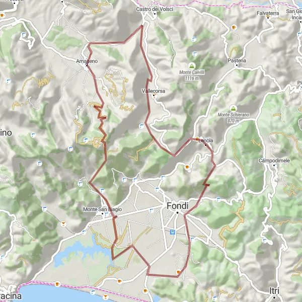 Miniatura della mappa di ispirazione al ciclismo "Esplorazione in bicicletta di Vallecorsa e Lago di Fondi" nella regione di Lazio, Italy. Generata da Tarmacs.app, pianificatore di rotte ciclistiche