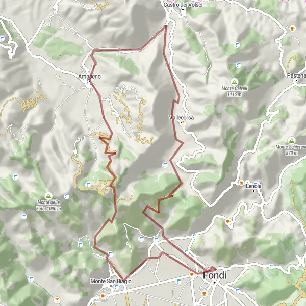 Miniatura della mappa di ispirazione al ciclismo "Escursione in bicicletta Vallecorsa - Monte Calvo" nella regione di Lazio, Italy. Generata da Tarmacs.app, pianificatore di rotte ciclistiche