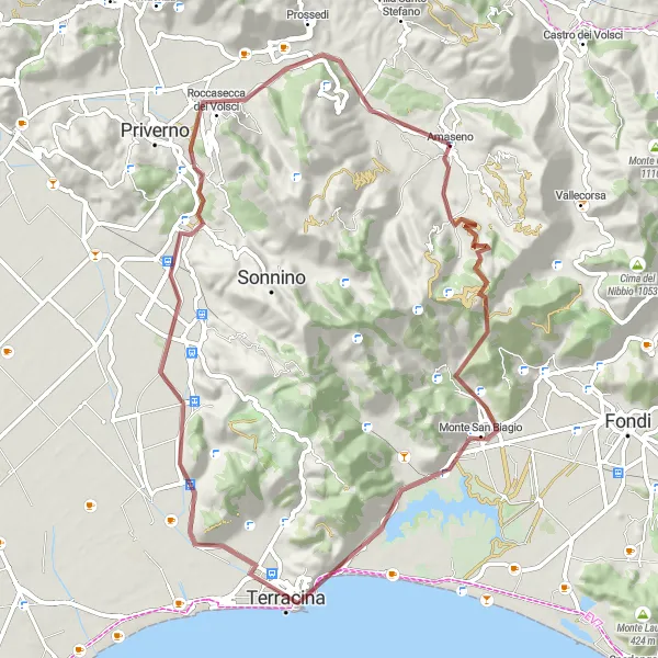 Miniatura della mappa di ispirazione al ciclismo "Percorso Gravel Monte Calvo - Roccasecca dei Volsci" nella regione di Lazio, Italy. Generata da Tarmacs.app, pianificatore di rotte ciclistiche