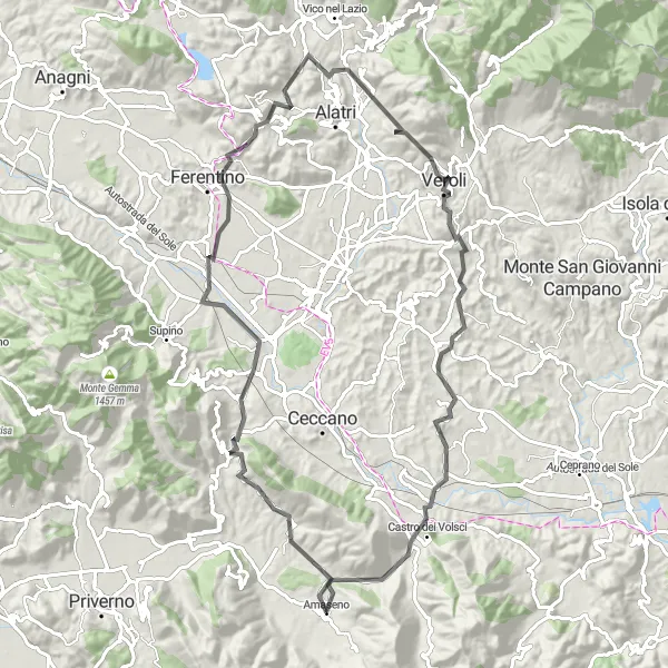 Map miniature of "Cycling through Ancient Towns" cycling inspiration in Lazio, Italy. Generated by Tarmacs.app cycling route planner