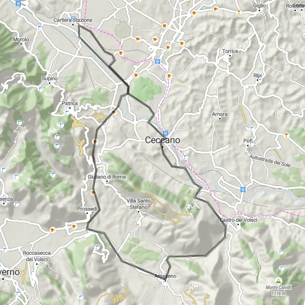 Map miniature of "Prossedi and Ceccano Loop" cycling inspiration in Lazio, Italy. Generated by Tarmacs.app cycling route planner