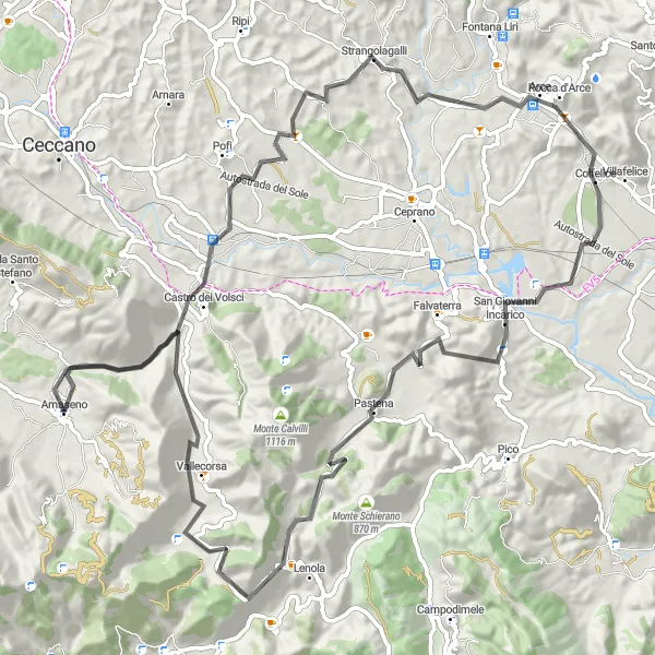 Miniatura della mappa di ispirazione al ciclismo "Avventura in bicicletta tra Castro dei Volsci e Vallecorsa" nella regione di Lazio, Italy. Generata da Tarmacs.app, pianificatore di rotte ciclistiche