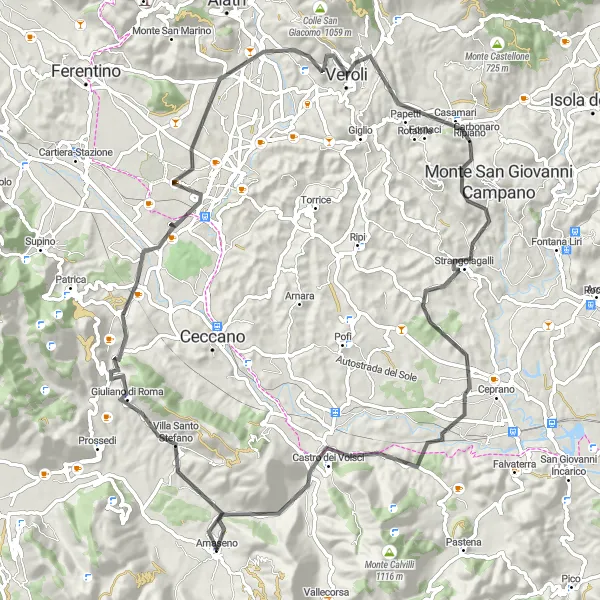 Miniatura della mappa di ispirazione al ciclismo "Giro in bici da Amaseno a Castro dei Volsci e ritorno" nella regione di Lazio, Italy. Generata da Tarmacs.app, pianificatore di rotte ciclistiche