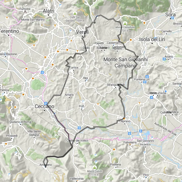 Map miniature of "Lonsedia Treloxnees - Famateji Municipality Expedition" cycling inspiration in Lazio, Italy. Generated by Tarmacs.app cycling route planner