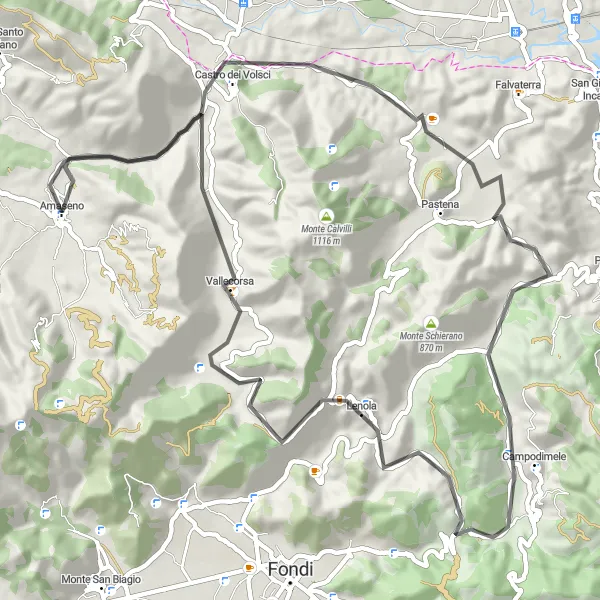 Miniatura della mappa di ispirazione al ciclismo "Tour in bicicletta Castro dei Volsci - Vallecorsa" nella regione di Lazio, Italy. Generata da Tarmacs.app, pianificatore di rotte ciclistiche