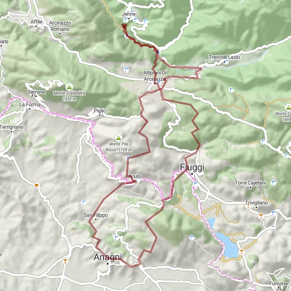 Miniatura della mappa di ispirazione al ciclismo "Gravel tour delle montagne circostanti Anagni" nella regione di Lazio, Italy. Generata da Tarmacs.app, pianificatore di rotte ciclistiche