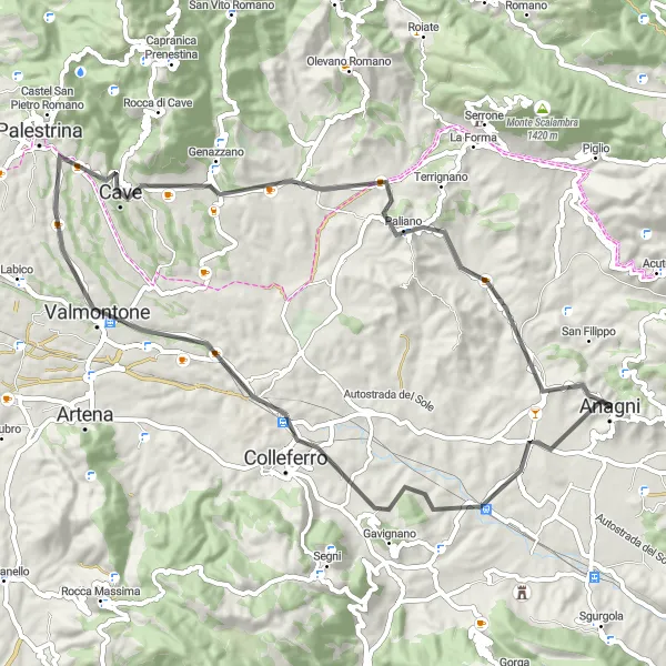 Map miniature of "The Anagni, Colleferro, Valmontone Circuit" cycling inspiration in Lazio, Italy. Generated by Tarmacs.app cycling route planner