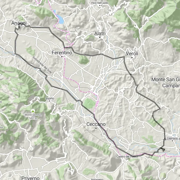 Miniatura della mappa di ispirazione al ciclismo "Rotta ciclistica tra Anagni e Castro dei Volsci" nella regione di Lazio, Italy. Generata da Tarmacs.app, pianificatore di rotte ciclistiche