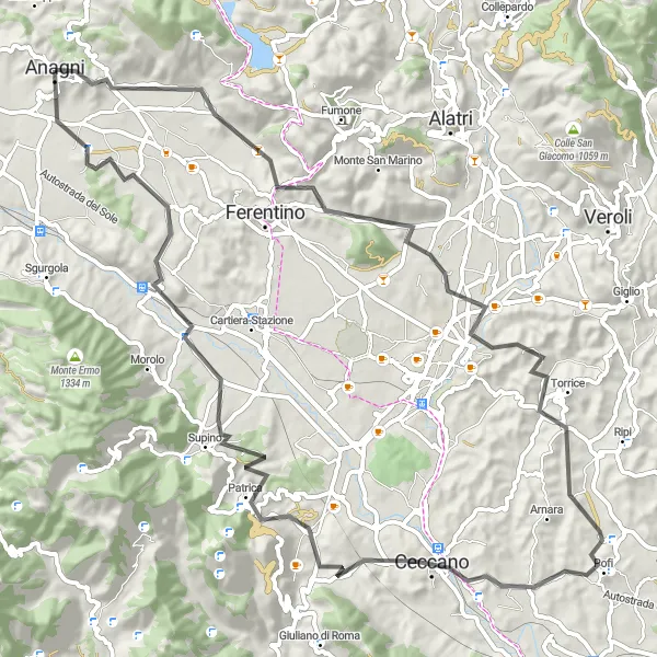 Miniatura della mappa di ispirazione al ciclismo "Esplorazione delle colline e dei borghi vicino ad Anagni" nella regione di Lazio, Italy. Generata da Tarmacs.app, pianificatore di rotte ciclistiche