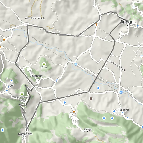 Miniatura della mappa di ispirazione al ciclismo "Tour panoramico attraverso Villa Magna e Monte Camposano" nella regione di Lazio, Italy. Generata da Tarmacs.app, pianificatore di rotte ciclistiche