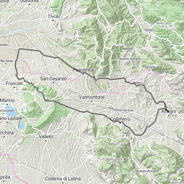 Map miniature of "Anagni and the Montagnola Loop" cycling inspiration in Lazio, Italy. Generated by Tarmacs.app cycling route planner