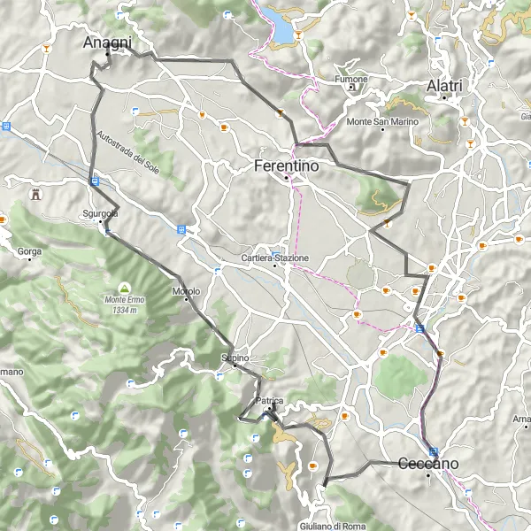 Map miniature of "Anagni to Morolo Road Cycling Route" cycling inspiration in Lazio, Italy. Generated by Tarmacs.app cycling route planner