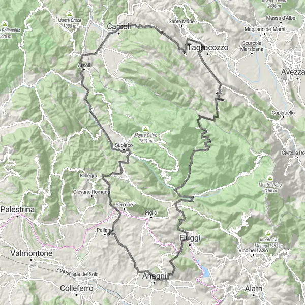 Map miniature of "The Ultimate Challenge: Tagliacozzo and More" cycling inspiration in Lazio, Italy. Generated by Tarmacs.app cycling route planner