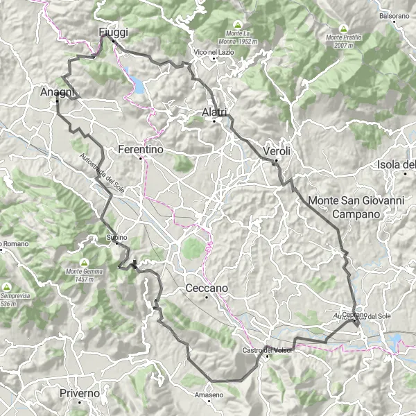 Map miniature of "Anagni to Colle della Torre Road Cycling Route" cycling inspiration in Lazio, Italy. Generated by Tarmacs.app cycling route planner