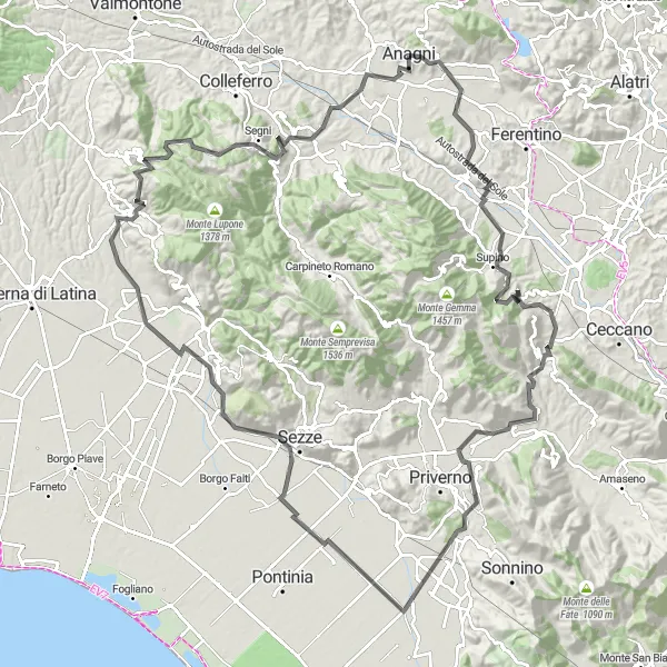 Miniatura della mappa di ispirazione al ciclismo "Tour panoramico tra le colline e i borghi della Ciociaria" nella regione di Lazio, Italy. Generata da Tarmacs.app, pianificatore di rotte ciclistiche