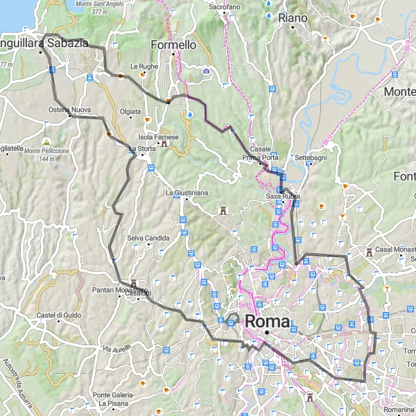 Miniatura della mappa di ispirazione al ciclismo "Giro in bicicletta da Anguillara Sabazia a Roma e ritorno" nella regione di Lazio, Italy. Generata da Tarmacs.app, pianificatore di rotte ciclistiche