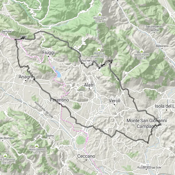 Map miniature of "Mountains and Villages" cycling inspiration in Lazio, Italy. Generated by Tarmacs.app cycling route planner
