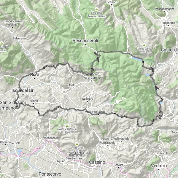 Map miniature of "Sora's Mountains" cycling inspiration in Lazio, Italy. Generated by Tarmacs.app cycling route planner