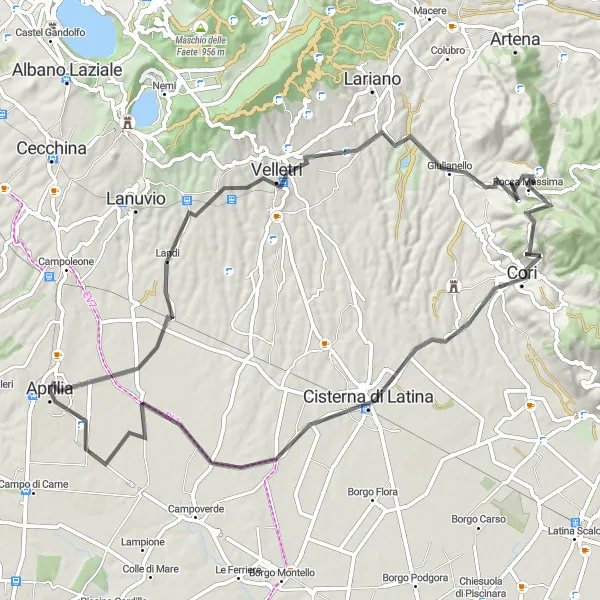 Map miniature of "Velletri Loop" cycling inspiration in Lazio, Italy. Generated by Tarmacs.app cycling route planner