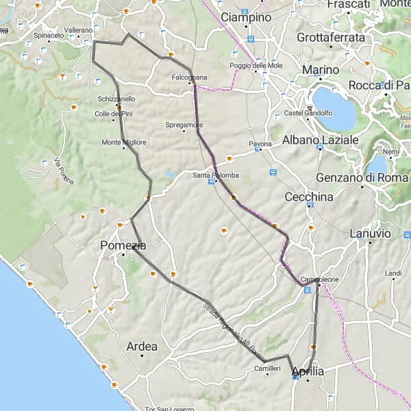 Miniatura della mappa di ispirazione al ciclismo "Giro tra Pomezia e Aprilia" nella regione di Lazio, Italy. Generata da Tarmacs.app, pianificatore di rotte ciclistiche