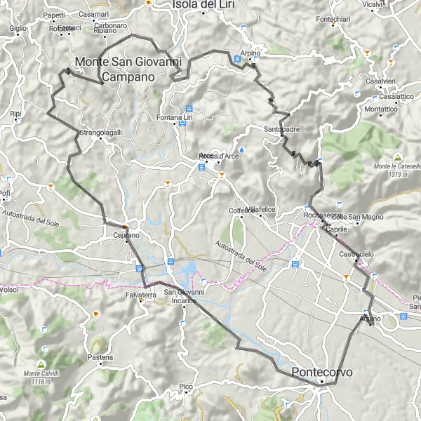 Miniatura della mappa di ispirazione al ciclismo "Giro panoramico tra Monti e Borghi" nella regione di Lazio, Italy. Generata da Tarmacs.app, pianificatore di rotte ciclistiche