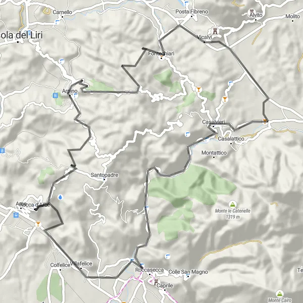 Map miniature of "The Arpino Adventure" cycling inspiration in Lazio, Italy. Generated by Tarmacs.app cycling route planner
