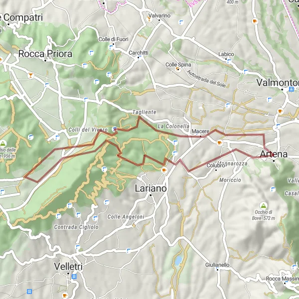 Miniatura della mappa di ispirazione al ciclismo "Avventura in Gravel tra Artena e Le Crocette" nella regione di Lazio, Italy. Generata da Tarmacs.app, pianificatore di rotte ciclistiche