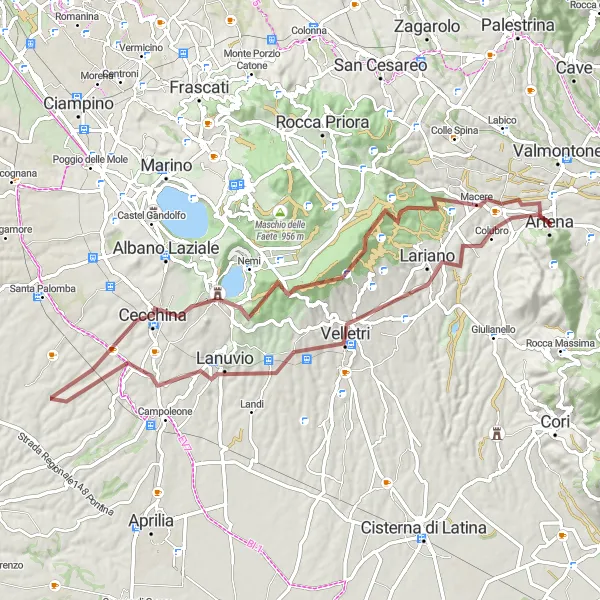 Miniatura della mappa di ispirazione al ciclismo "Esplora i sentieri di Genzano di Roma" nella regione di Lazio, Italy. Generata da Tarmacs.app, pianificatore di rotte ciclistiche