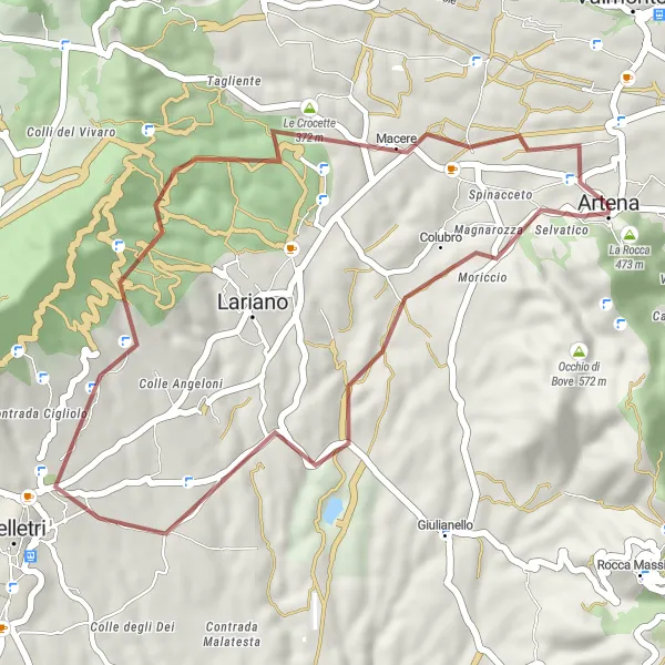 Map miniature of "Gravel Escape to Artena" cycling inspiration in Lazio, Italy. Generated by Tarmacs.app cycling route planner