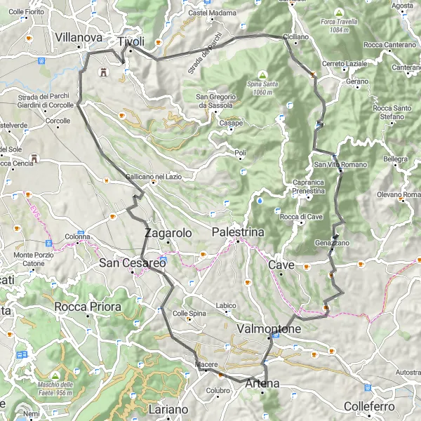 Miniatura della mappa di ispirazione al ciclismo "Giro panoramico tra Artena e Valmontone" nella regione di Lazio, Italy. Generata da Tarmacs.app, pianificatore di rotte ciclistiche