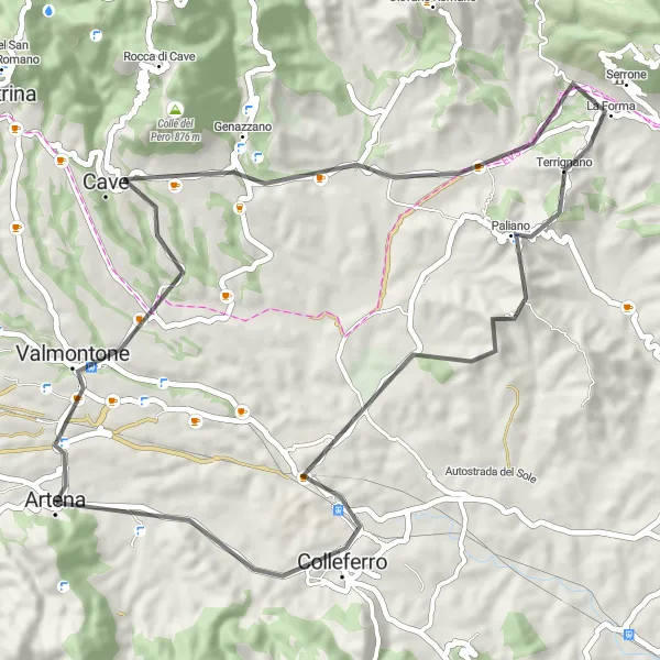 Miniatura della mappa di ispirazione al ciclismo "Road Valmontone e Muracci di Crepadosso" nella regione di Lazio, Italy. Generata da Tarmacs.app, pianificatore di rotte ciclistiche