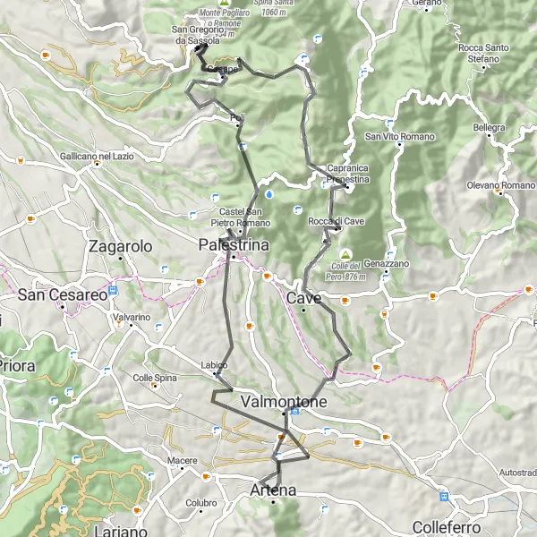 Map miniature of "Palestrina and Cave Circuit" cycling inspiration in Lazio, Italy. Generated by Tarmacs.app cycling route planner