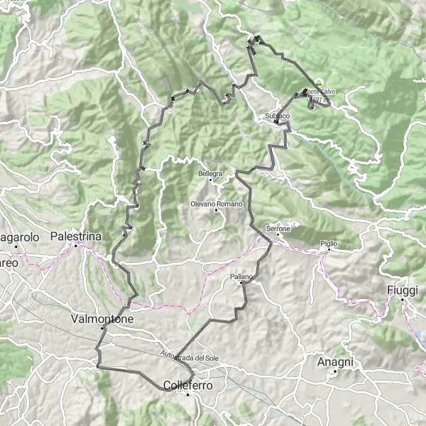 Map miniature of "Challenge Yourself on the Mountainous Route" cycling inspiration in Lazio, Italy. Generated by Tarmacs.app cycling route planner